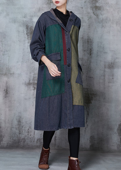 Navy Oversized Patchwork Denim Trench Coats Spring