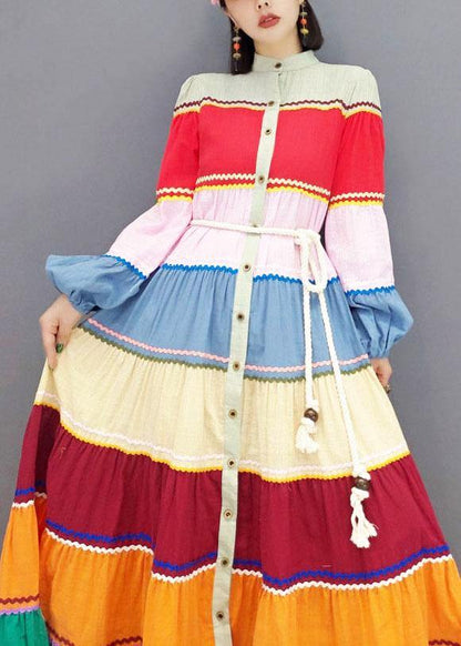 Color Block Button Patchwork Holiday Dress Fall Long Sleeve