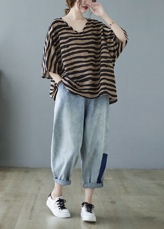 Khaki V Neck Bat Wing Sleeve Striped Print Fall Blouses