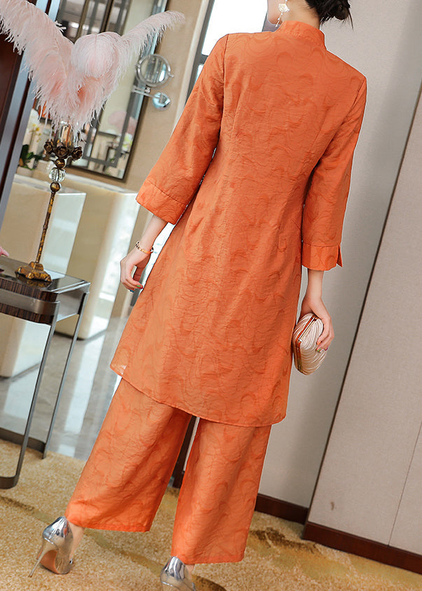 Orange Stand Collar Embroideried Silk Two Piece Set Fall