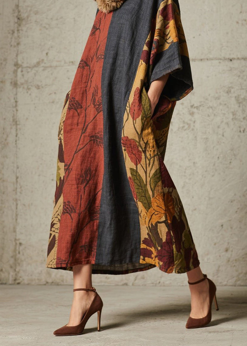Colorblock Print Pockets Cotton Long Dress Fall
