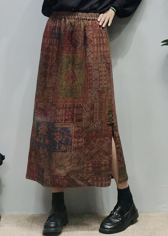 Chocolate Elastic Waist Side Open Linen a Line Skirt Spring