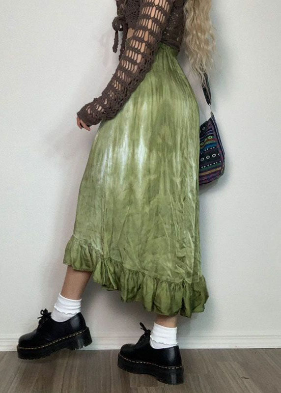 Green Wrinkled Patchwork Print Cotton Skirt Spring