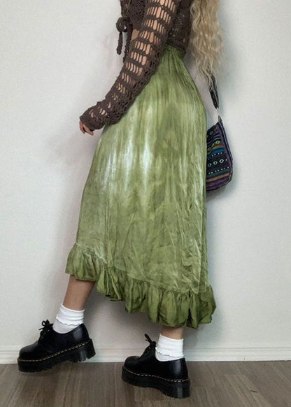 Green Wrinkled Patchwork Print Cotton Skirt Spring