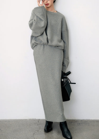 Grey O Neck Side Open Sweatshirt and Skirts Cotton Two Pieces Set Fall