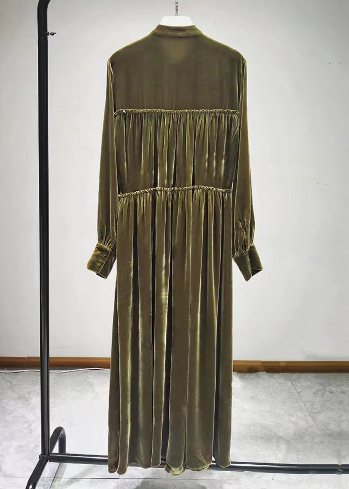 Green Button Ruffled Silk Velour Shirts Long Dresses Fall