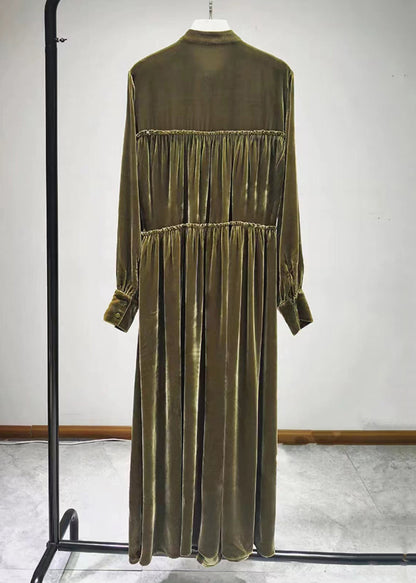 Green Button Ruffled Silk Velour Shirts Long Dresses Fall