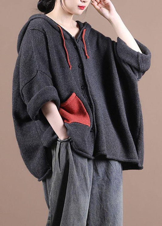 Comfy Dark Grey Hooded Pockets Sweater Coat