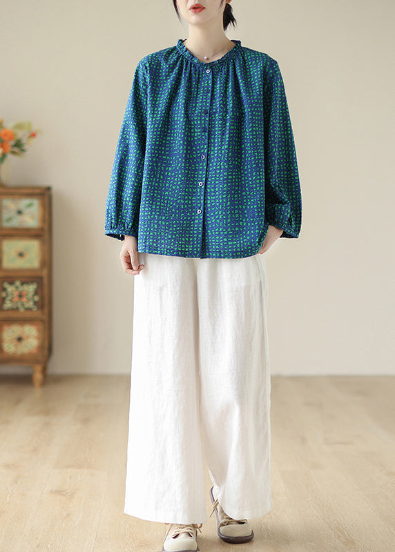New Blue Ruffled Print Cotton Shirt Tops Spring
