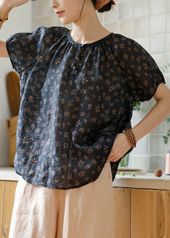 Italian Navy O-neck Button Print Linen T Shirt Summer