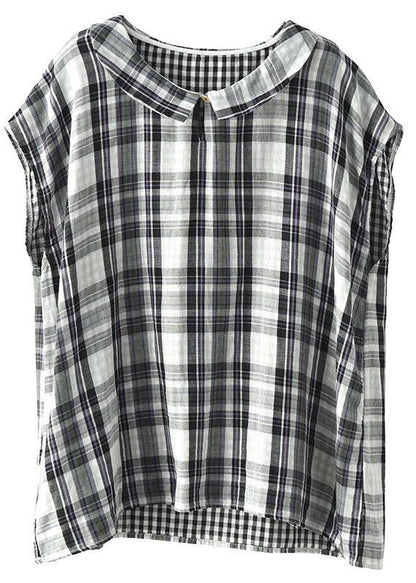 Black White Plaid Peter Pan Collar Cotton Shirts Summer