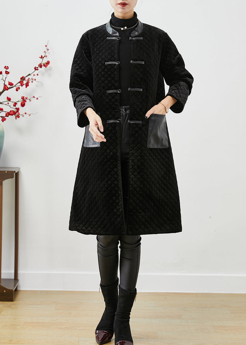 Black Patchwork Pockets Silk Velour Fine Cotton Filled Coats Winter