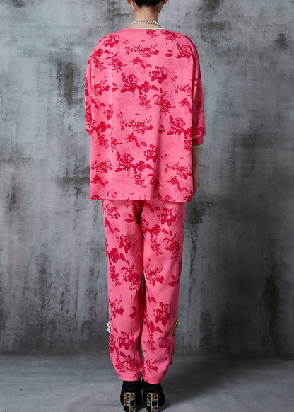 Red Print Chinese Button Cotton Two Pieces Set Summer
