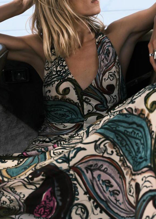 Backless Print Lace Up Cotton Maxi Dress Sleeveless