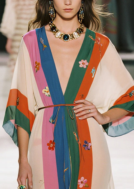 Style Colorblock Print Draping Chiffon Robe Dresses Summer