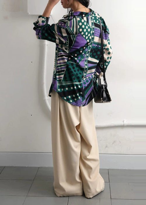 Green Oversized Print Chiffon Shirt Top Fall
