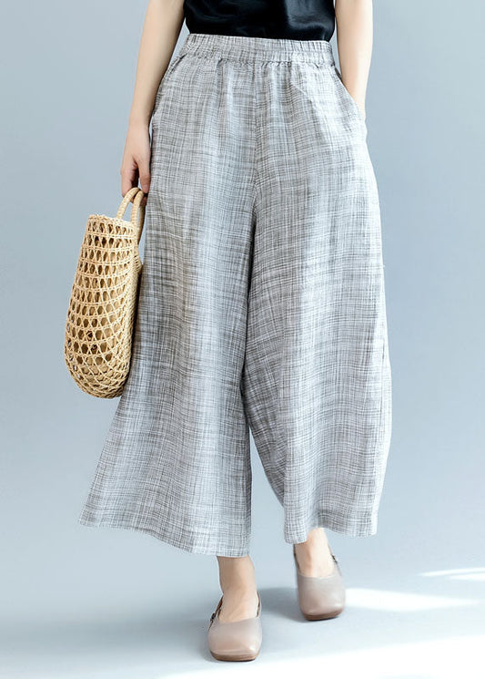 French Grey Elastic Waist Linen Wide Leg Pants Spring