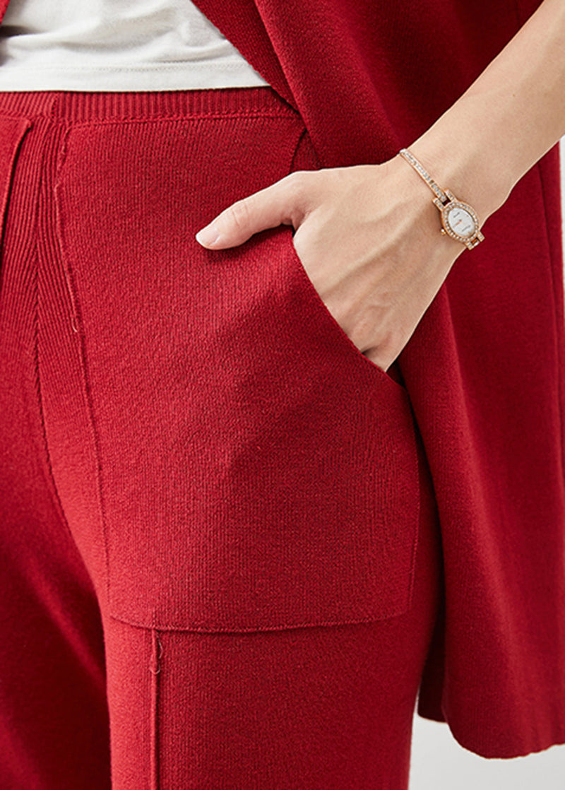 Red Turtle Neck Side Open Original Design Knit Two Pieces Set Spring