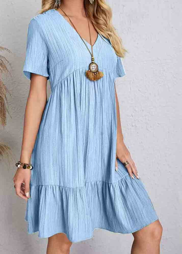 Army Green V Neck Patchwork Cotton Day Dress Summer