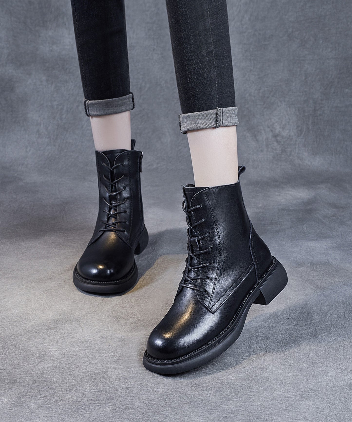 Black Lace Up Warm Fleece Cowhide Leather Ankle Boots