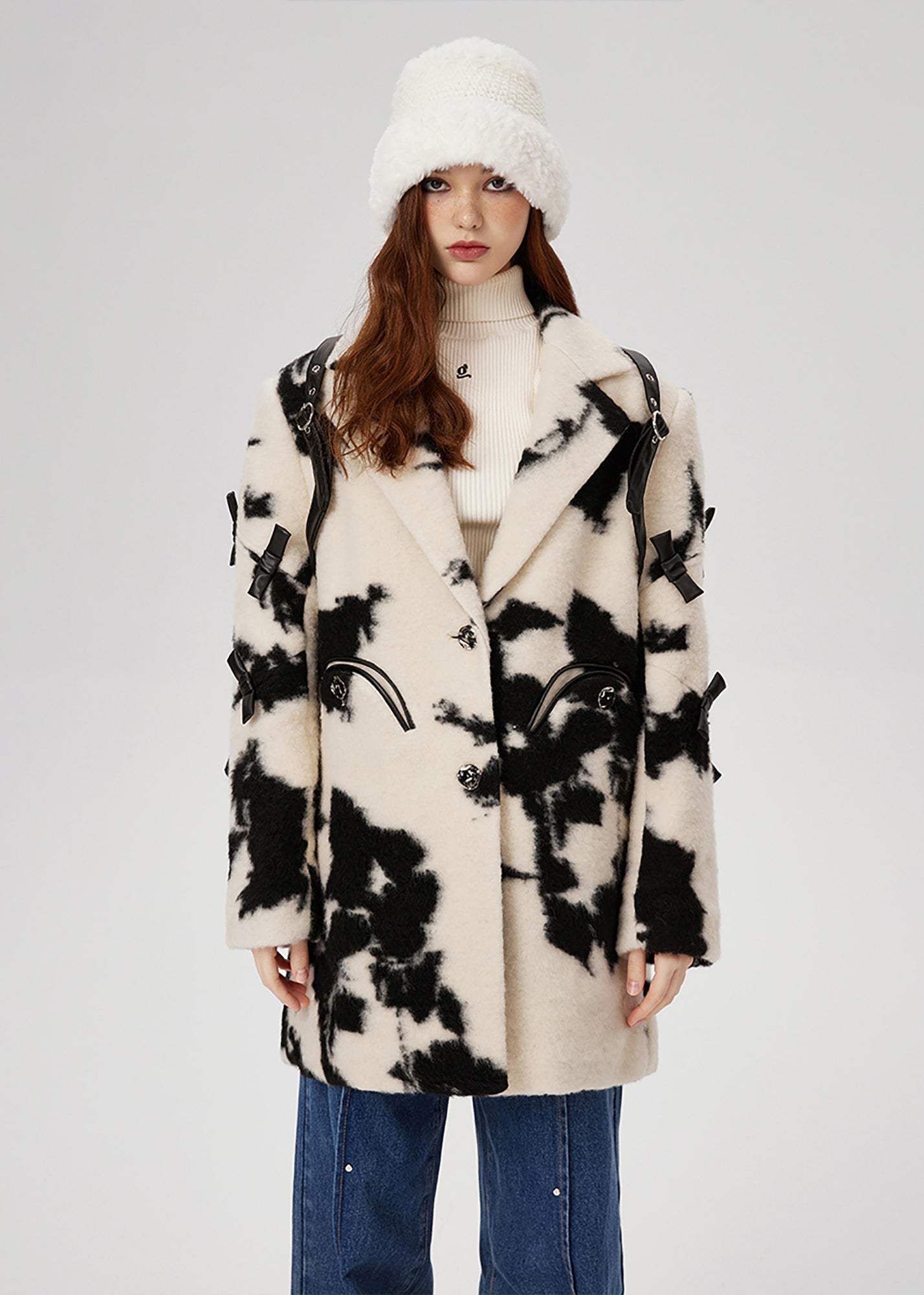 Black White Print Bow Woolen Coats Spring
