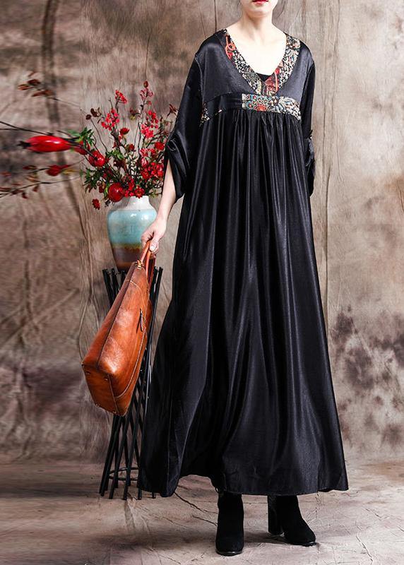 Natural Black Oversize Caftans Gown V Neck Patchwork Baggy Dress