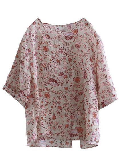Natural White O-neck Print Patchwork Summer Ramie Shirt Tops