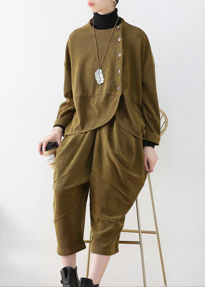 Boutique Mustard Green O-neck Velour Top and Crop Pants Two Pieces Set Fall