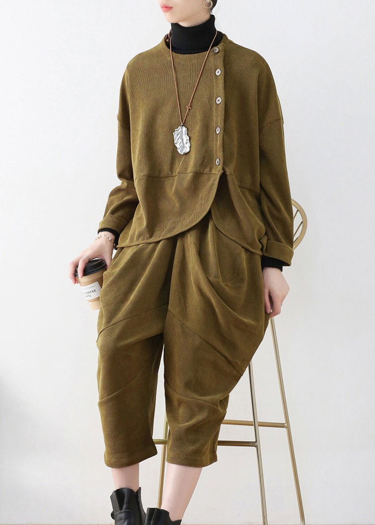 Boutique Mustard Green O-neck Velour Top and Crop Pants Two Pieces Set Fall