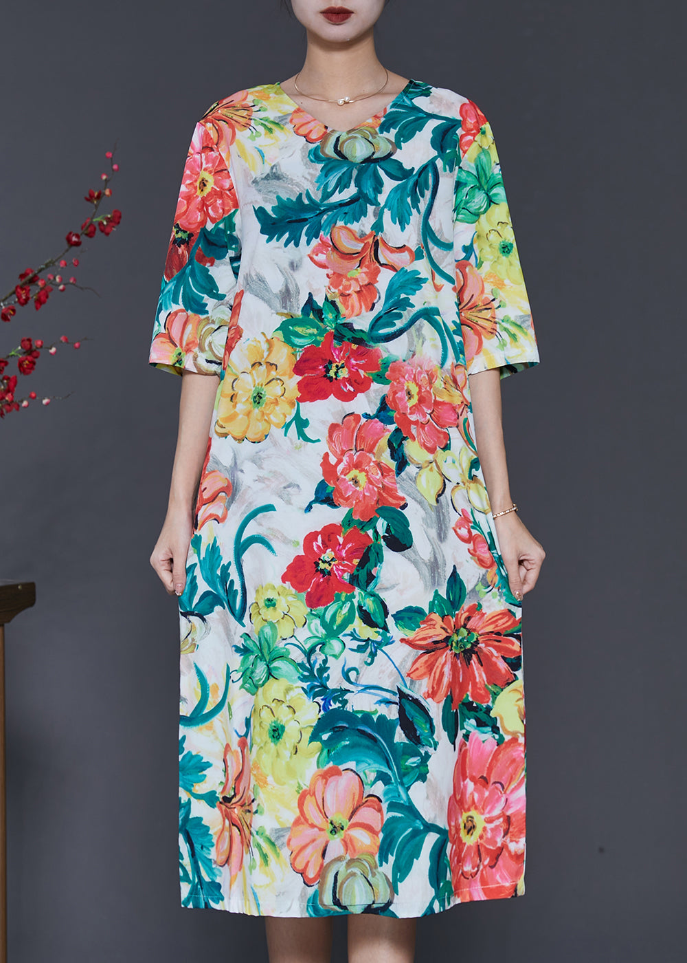 French V Neck Print Silk Dress Half Sleeve