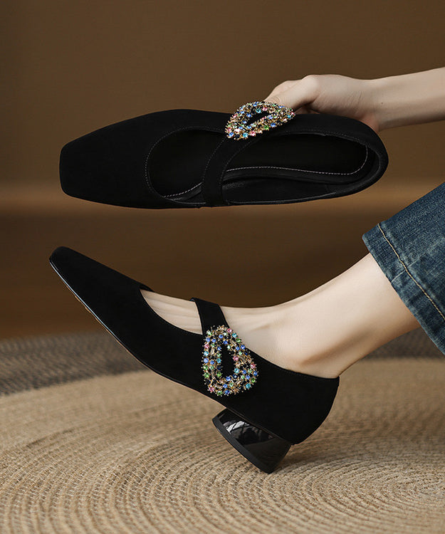 Black Zircon Buckle Strap Splicing Suede Chunky Shoes