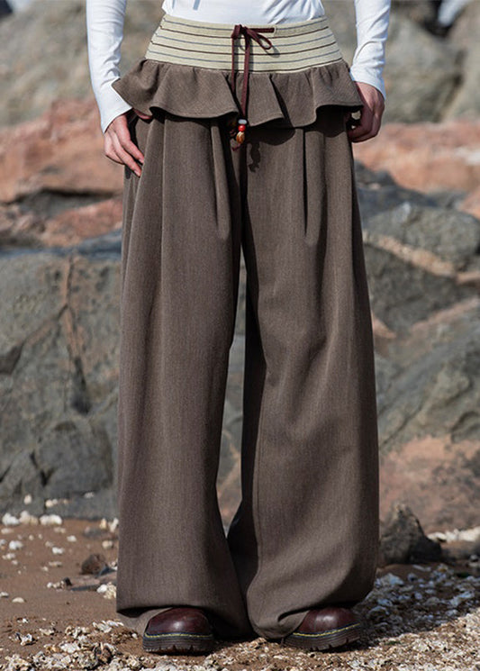 Brown Knit Patchwork Elastic Waist Wide Leg Pants Fall