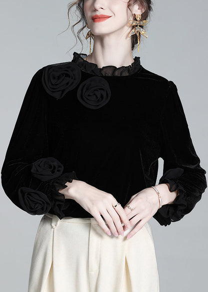 Black Ruffled Silk Velour T Shirt Winter