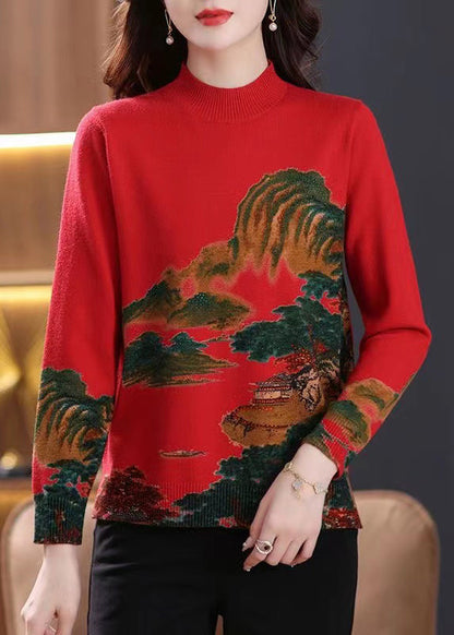 Red Print Cozy Wool Knit Tops O-neck Long Sleeve