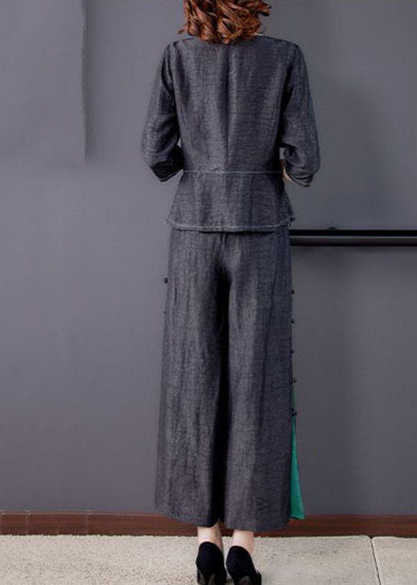 Black Asymmetrical Patchwork Wrinkled Silk Two Piece Suit Set Summer