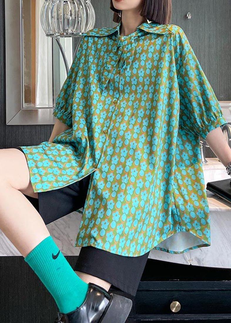 Green Print Button Short Sleeve Cotton Top