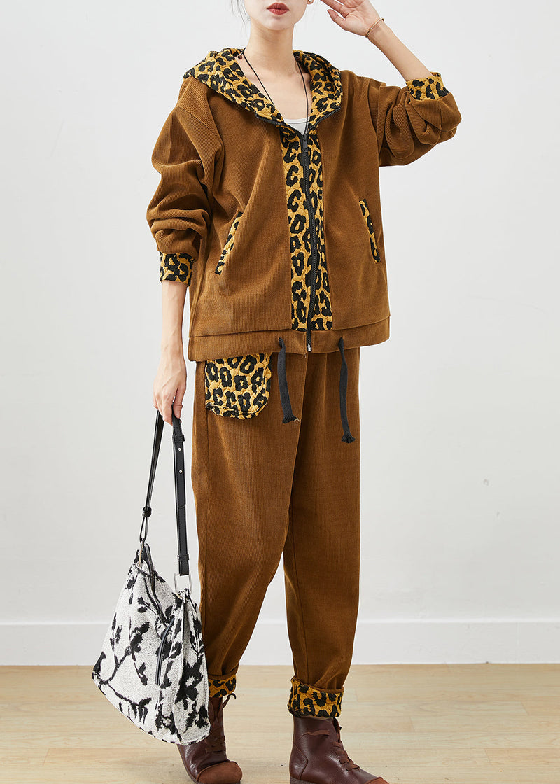 Diy Khaki Leopard Patchwork Drawstring Warm Fleece Two Pieces Set Winter