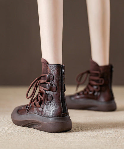 Splicing Platform Boots Black Cowhide Leather Lace Up