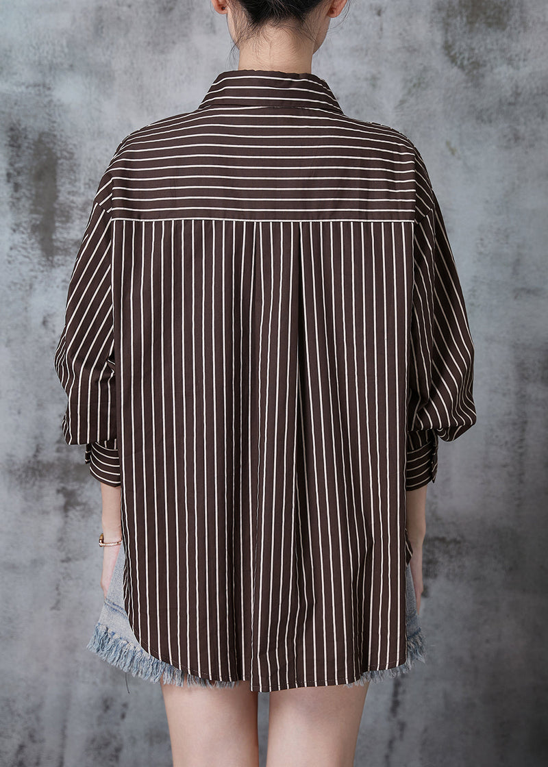 Natural Chocolate Oversized Striped Cotton Blouses Fall