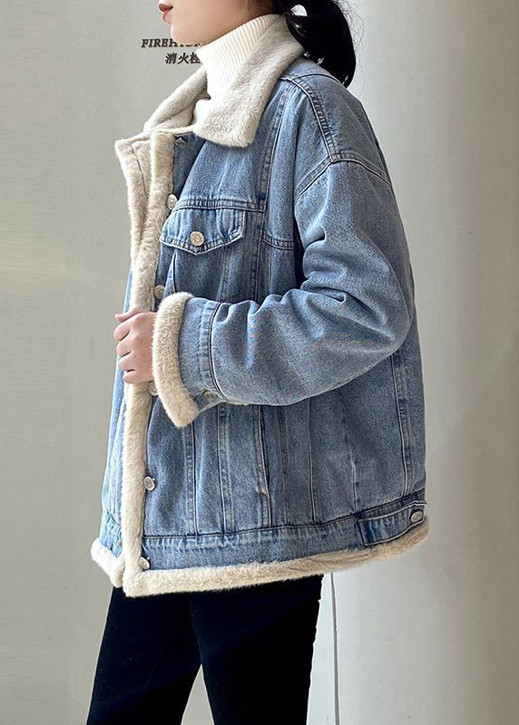 Light Blue Peter Pan Collar Pockets Warm Fleece Denim Coats Long Sleeve