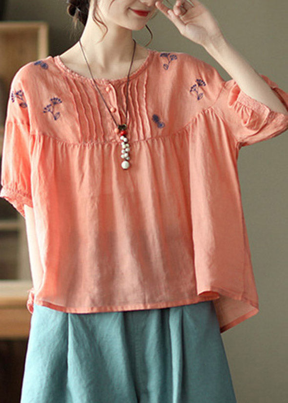 Orange O-neck Embroideried Linen Tops Half Sleeve