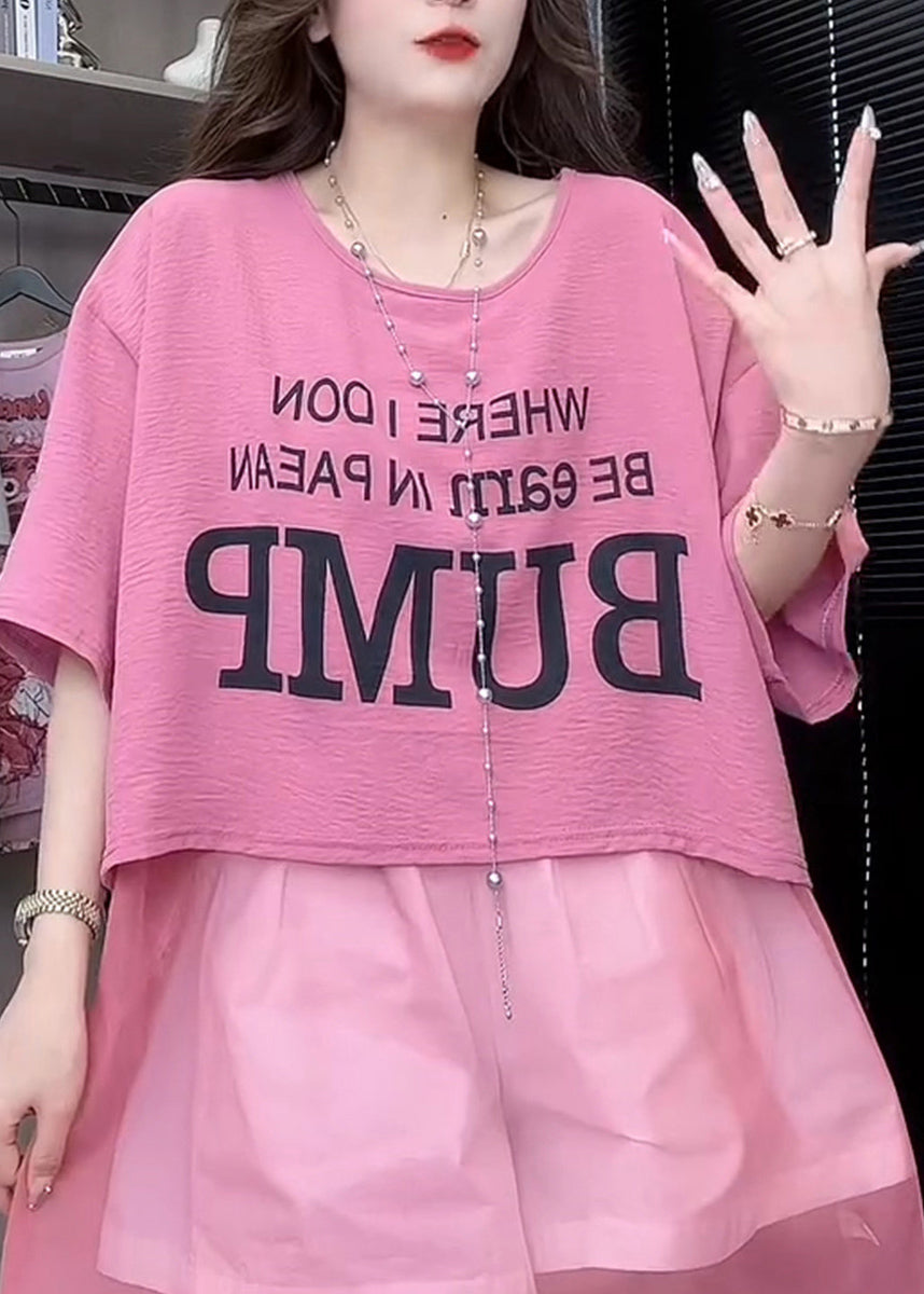 French Pink O-neck Print Organza Patchwork Cotton T Shirt Top Summer