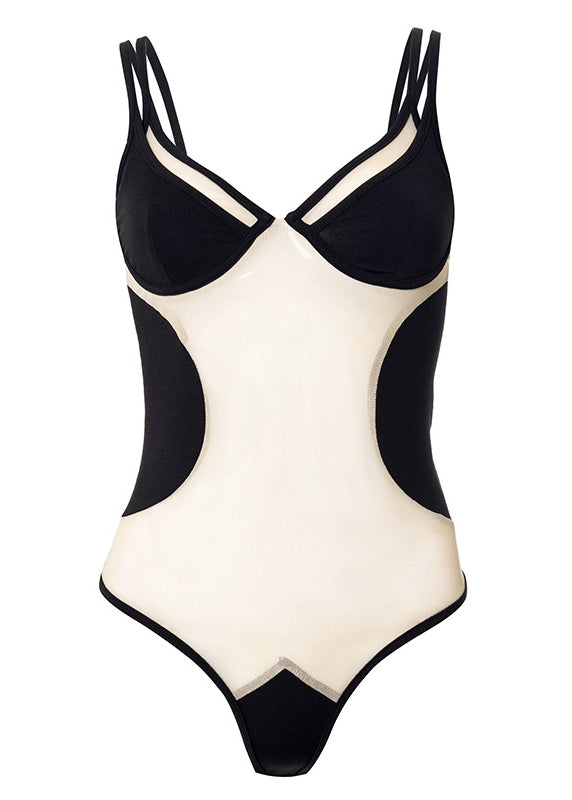 Black Tulle Patchwork Sheer Bodysuit