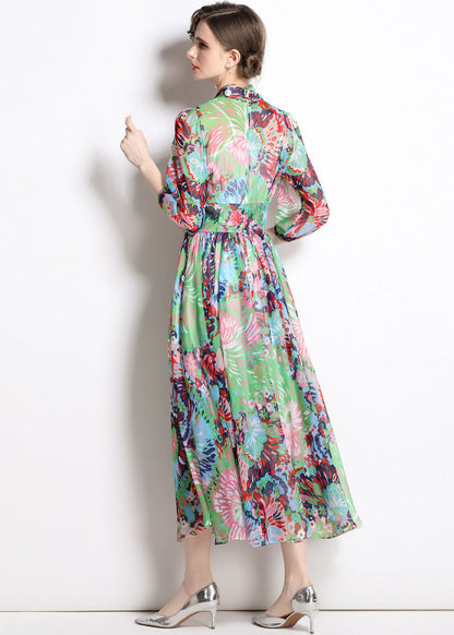 Green Zip Up Print Chiffon Cinch Dress Half Sleeve