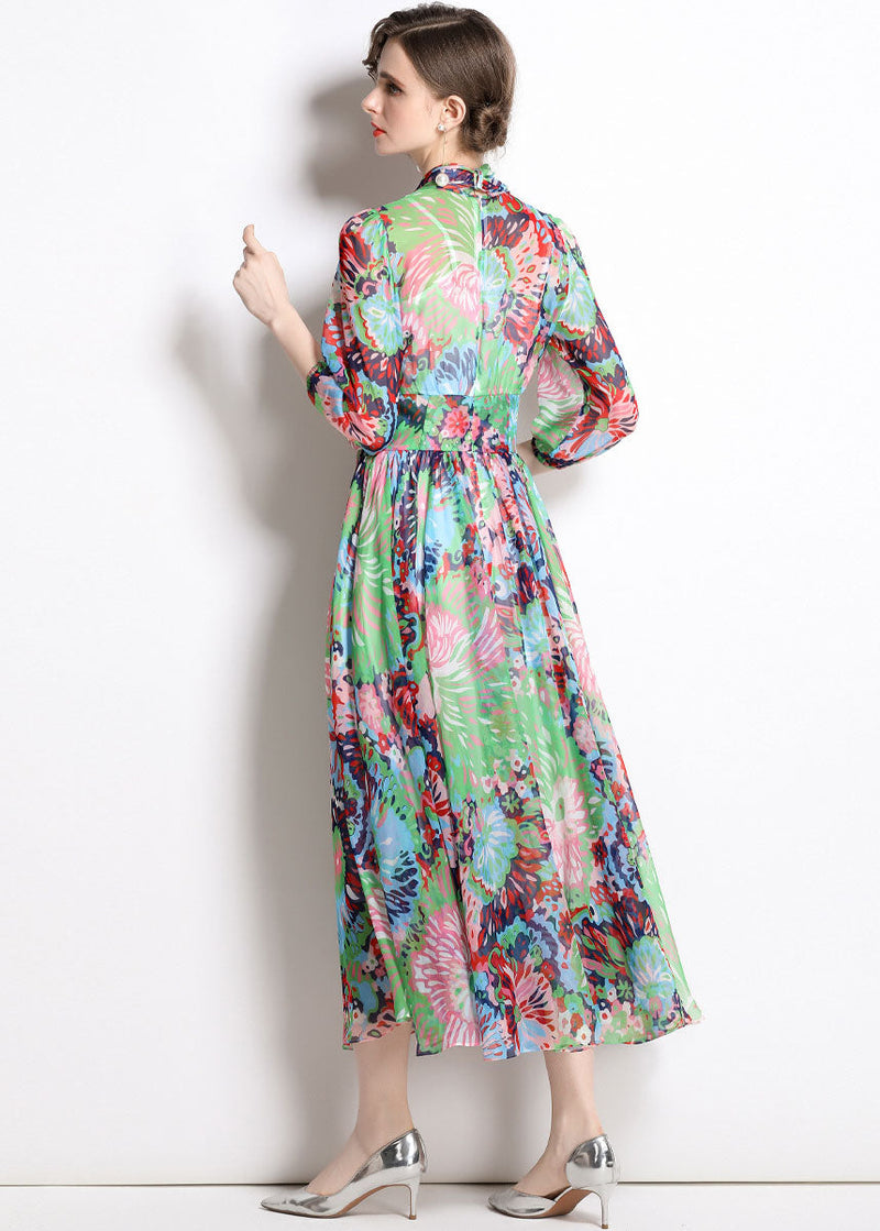 Green Zip Up Print Chiffon Cinch Dress Half Sleeve