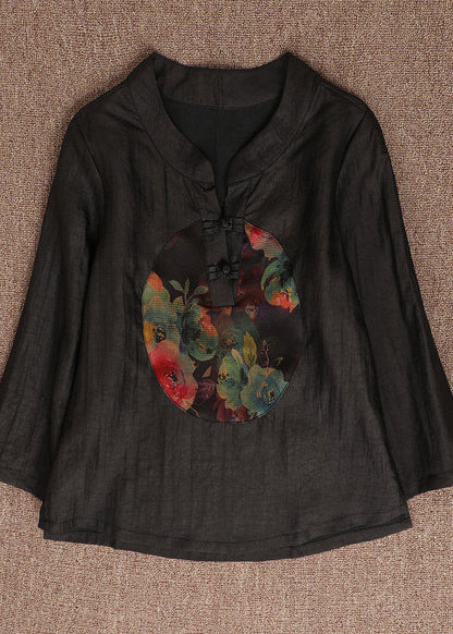 Black O-neck Print Button Silk Top Bracelet Sleeve