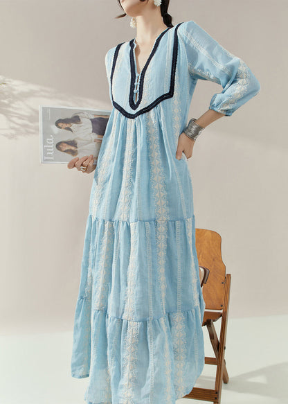 Blue V Neck Print Cotton Holiday Dress Half Sleeve