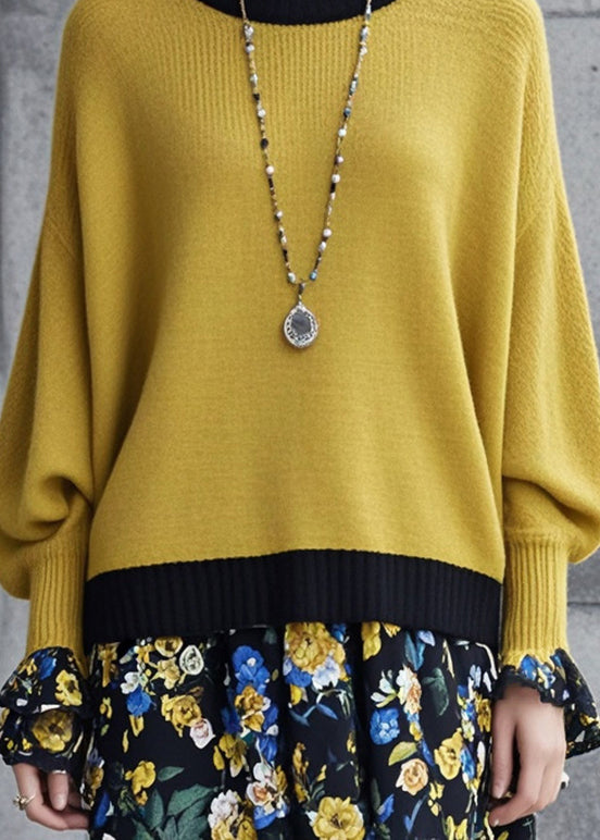 Yellow Oversized Patchwork Knit Sweaters Fall