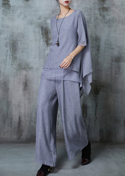 Grey Oversized Patchwork Linen Two Pieces Set Summer