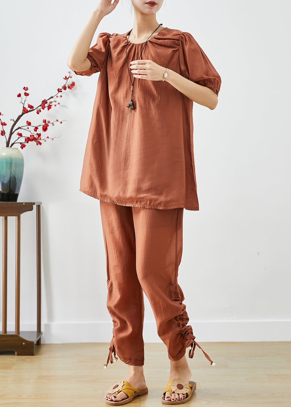 Handmade Brick Red O-neck Cinched Silk Two Pieces Set Summer